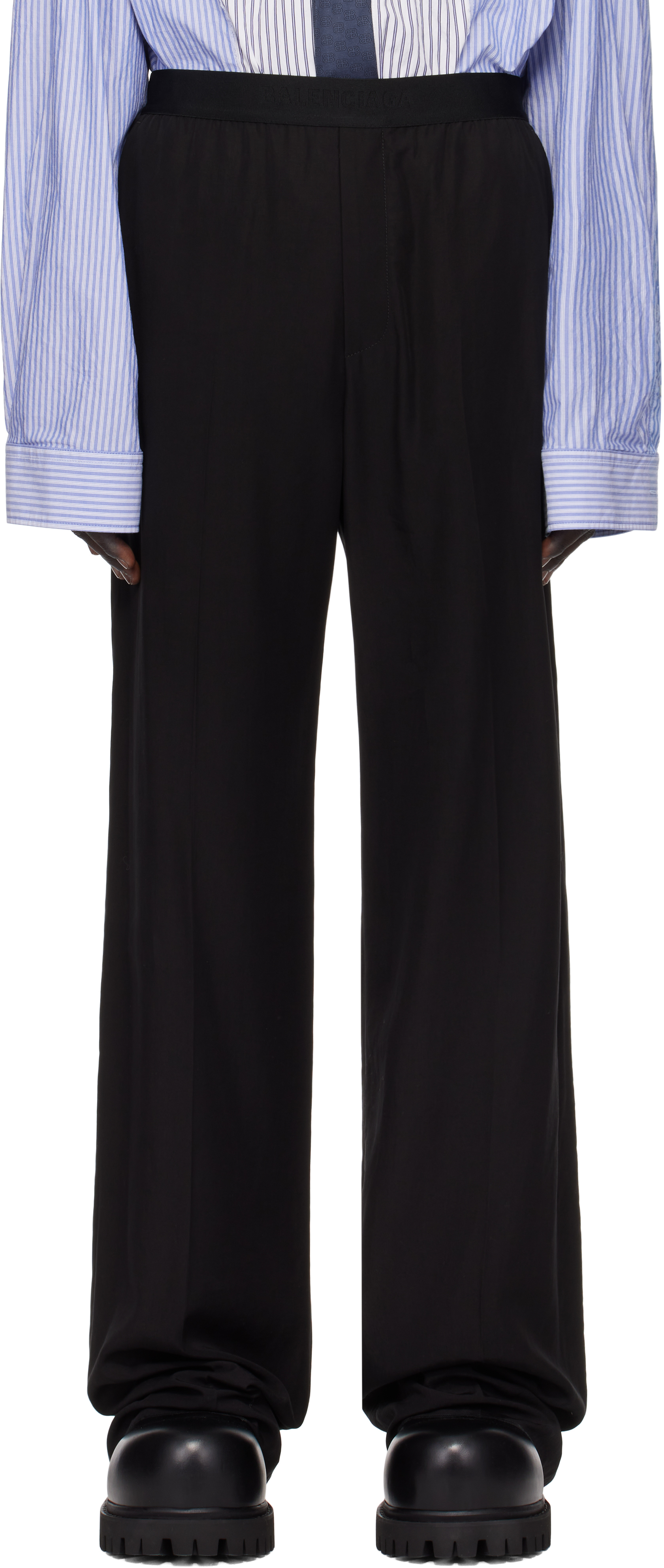 Black Fluid Poplin Large Elastic Trousers