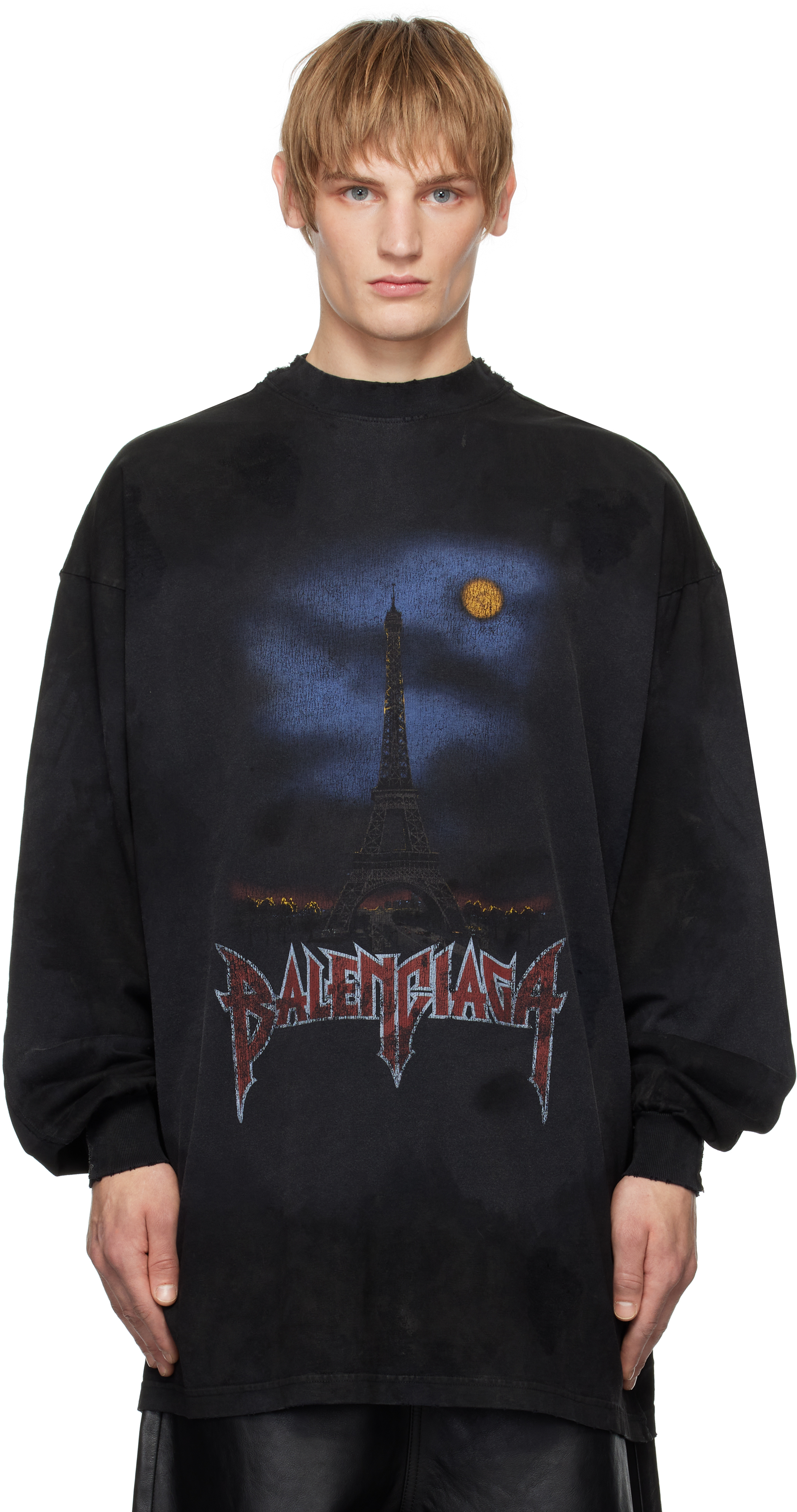 Black Paris Moon Double Front Long Sleeve T-shirt