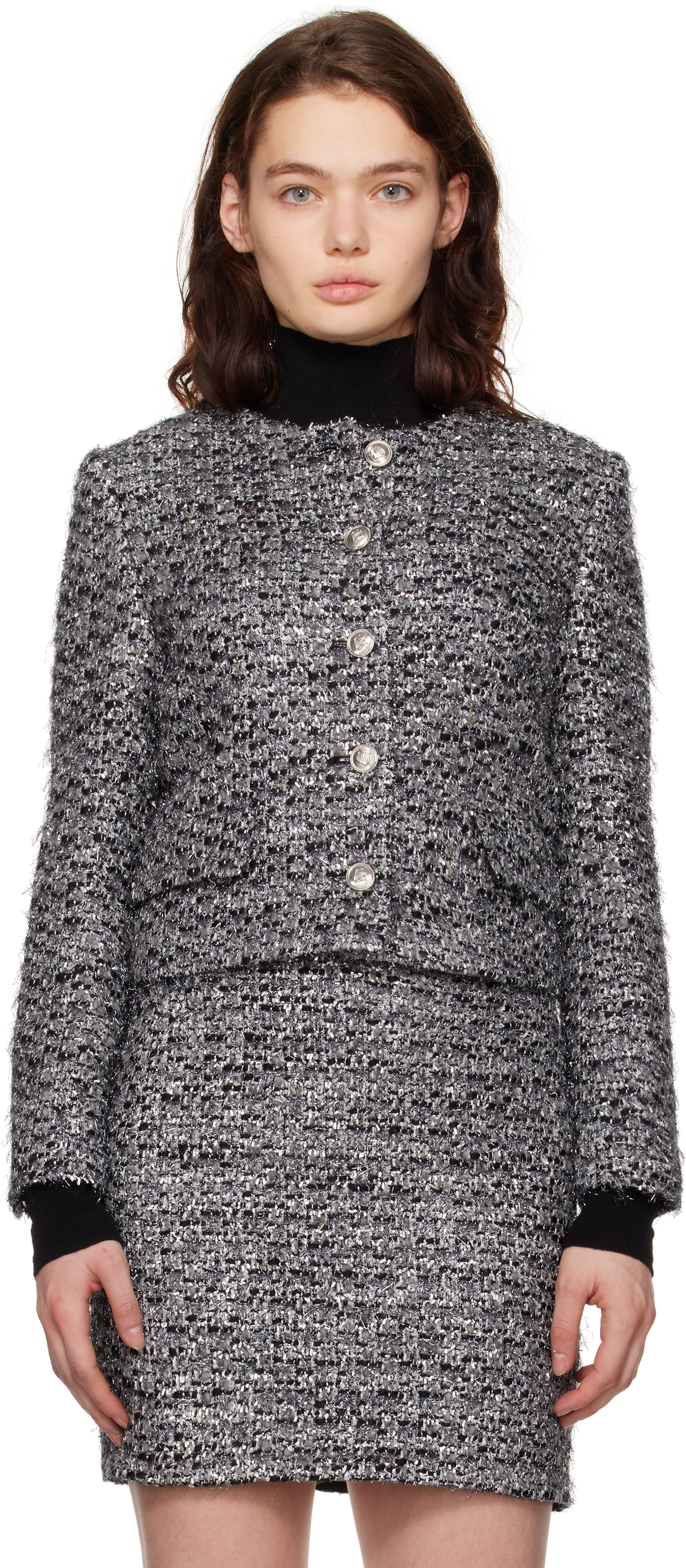 Juun. J Gray Round Neck Crop Tweed Jacket