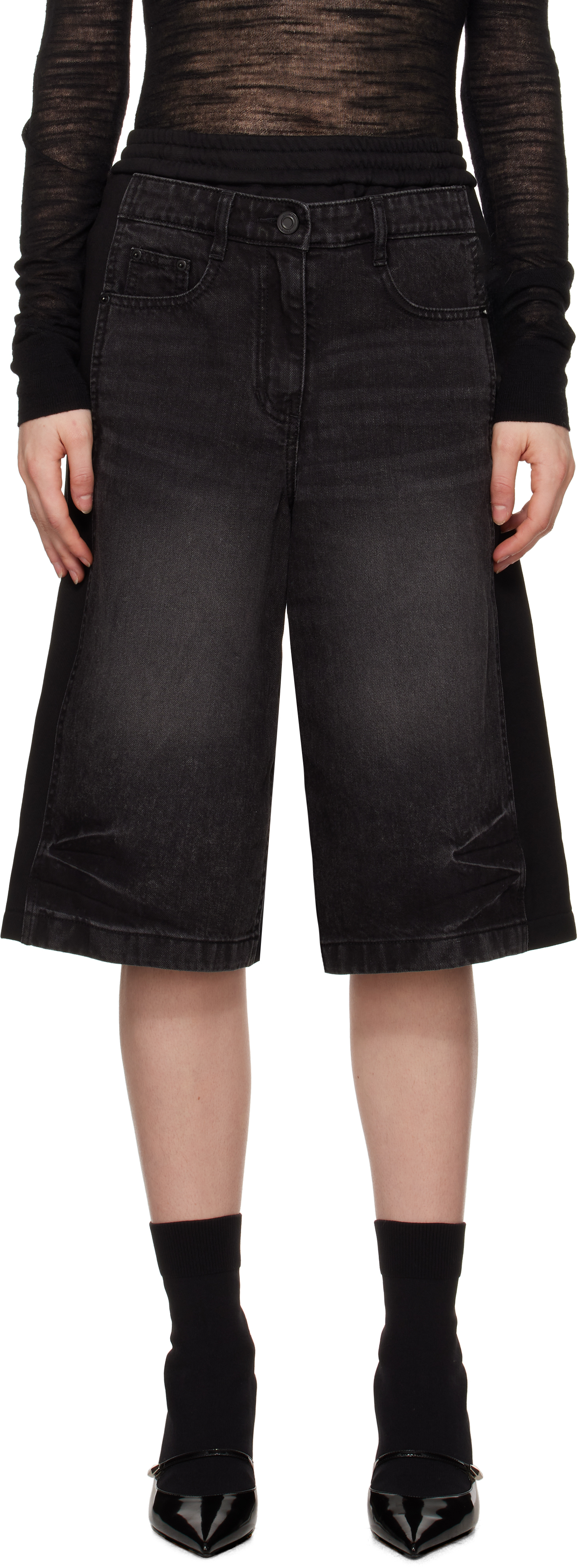 Juun. J Black Patched Jersey Denim Shorts