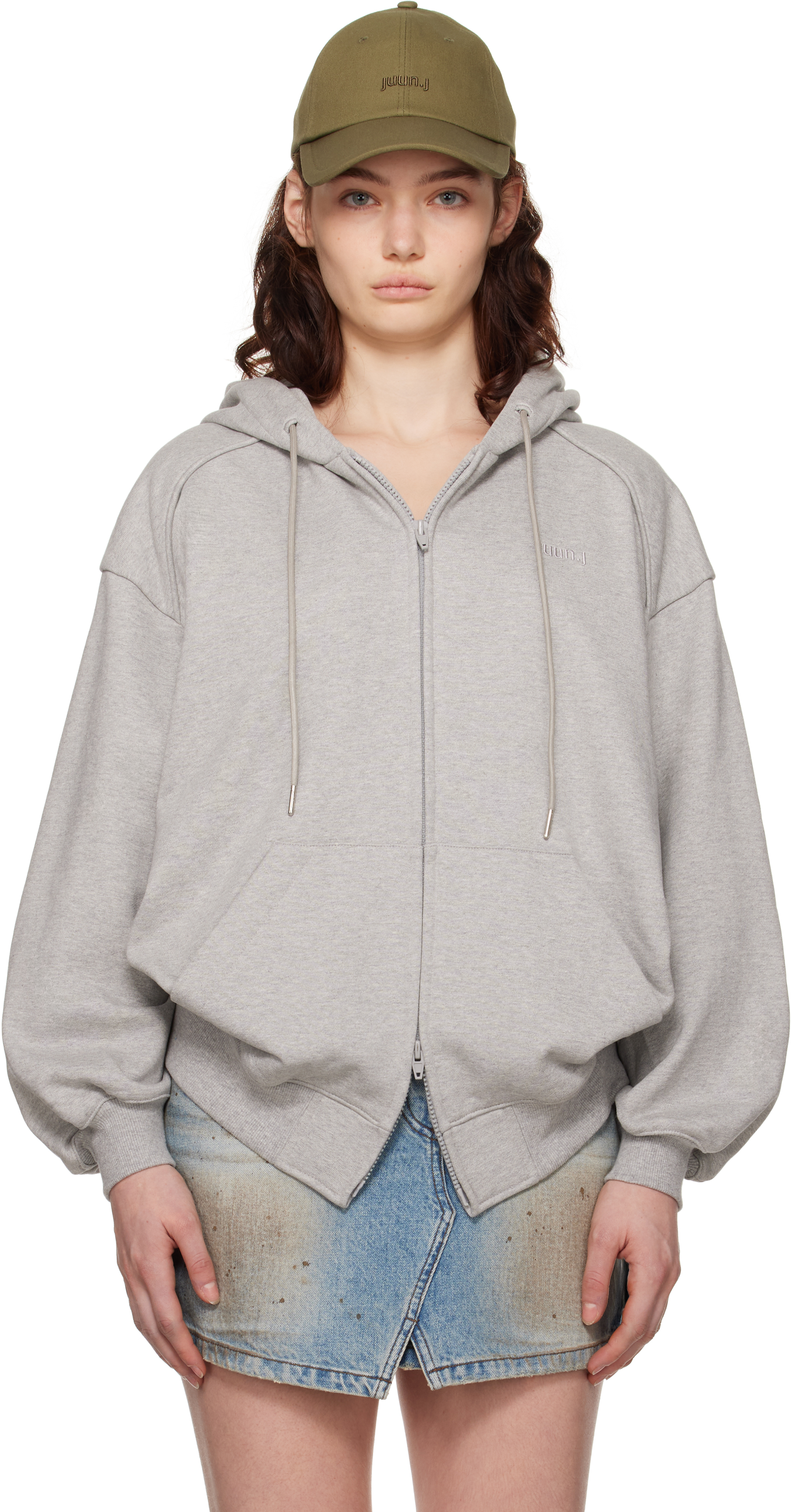 Juun. J Gray Lettering Zip-Up Hoodie