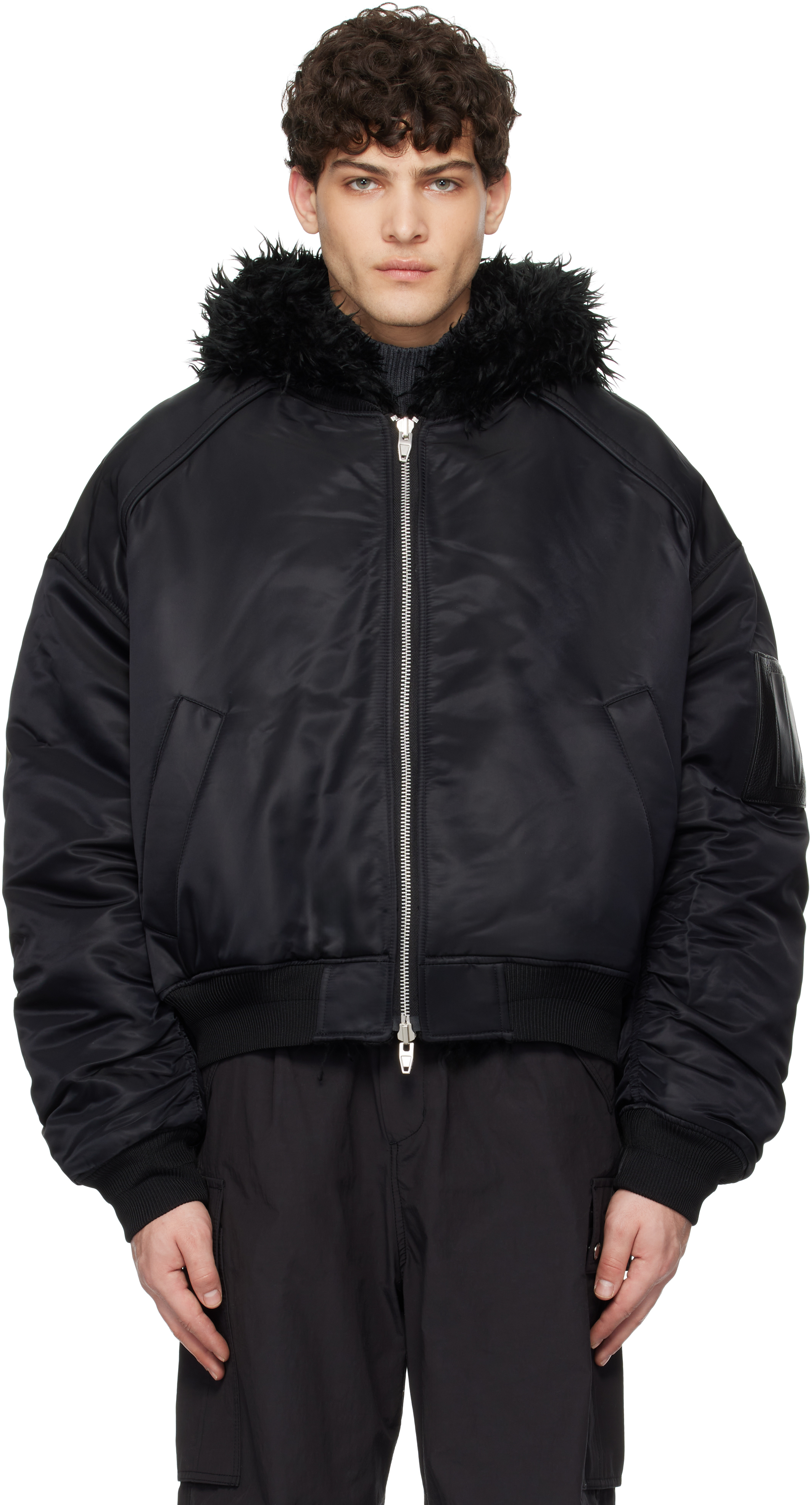 Juun. J Black Faux Fur MA-1 Reversible Bomber Jacket