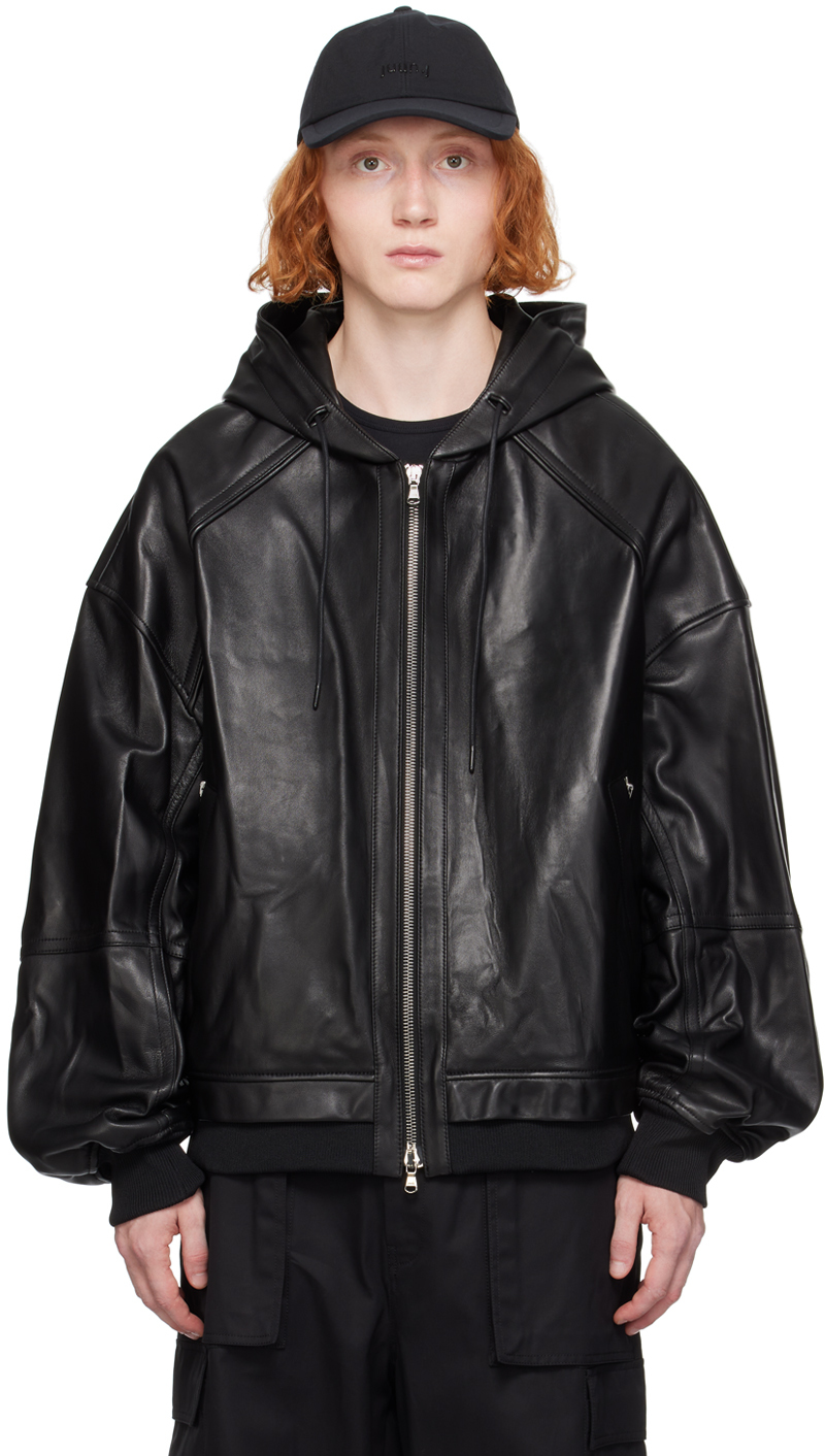 Juun. J Black Hooded Leather Jacket