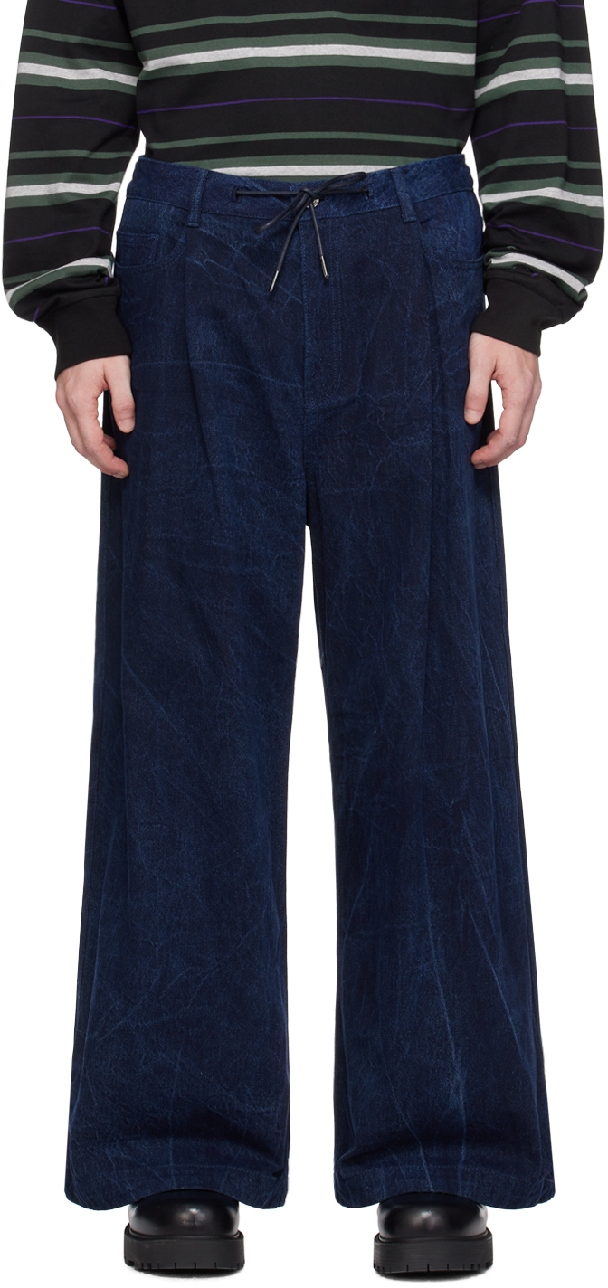 Indigo Oil-Washed Wide Jeans