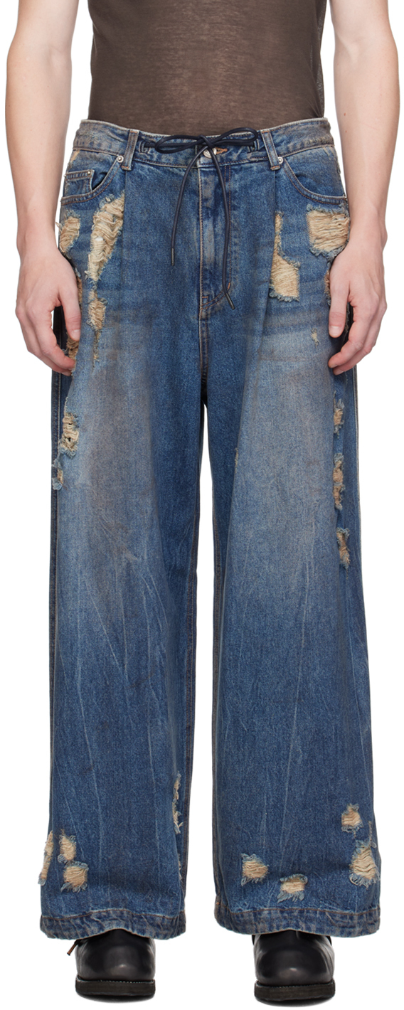 Juun. J Blue Oil-Washed Distressed Wide Jeans