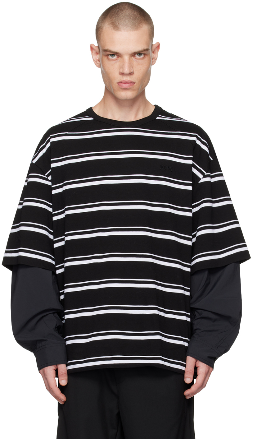 Shop Juunj Black & White Layered Long Sleeve T-shirt In 5 Black