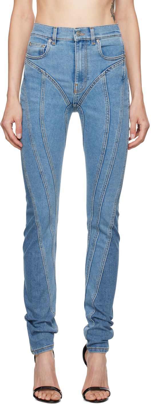 【関税込み】Mugler ブルー Spiral バイマテリアル ジーンズ Blue Bi-Color Spiral Jeans by Mugler on Sale