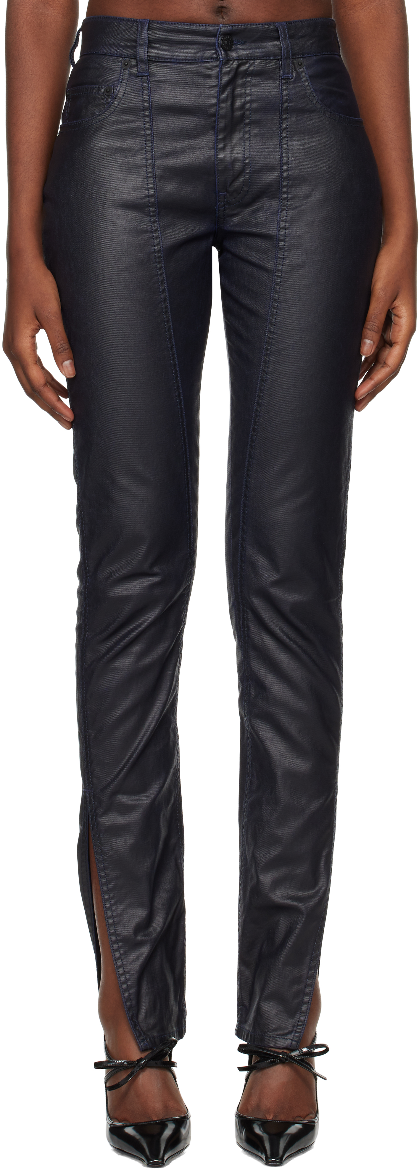 Shop Mugler Blue Waxed Skinny Jeans In B607 Midn Blue/black