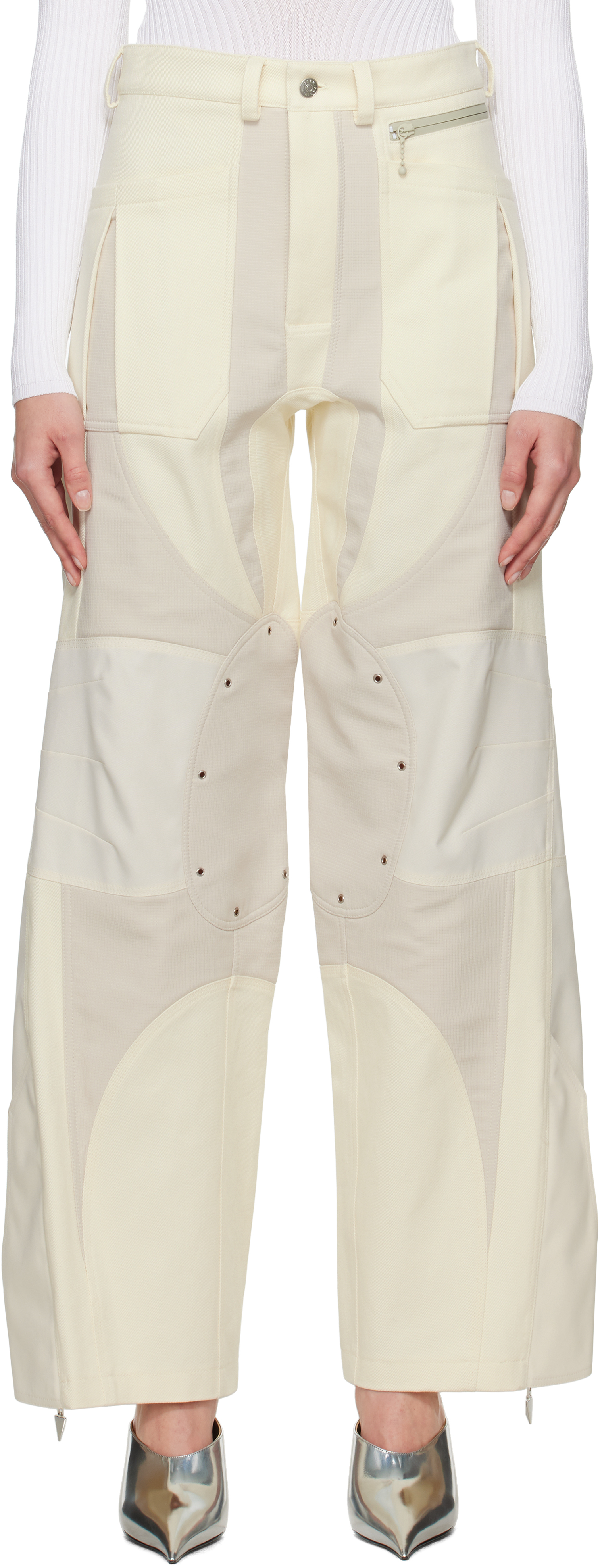 Off-White & Beige Twill Workwear Trousers by Mugler on Sale Off-White & Beige Twill Workwear Trousers by Mugler on Sale