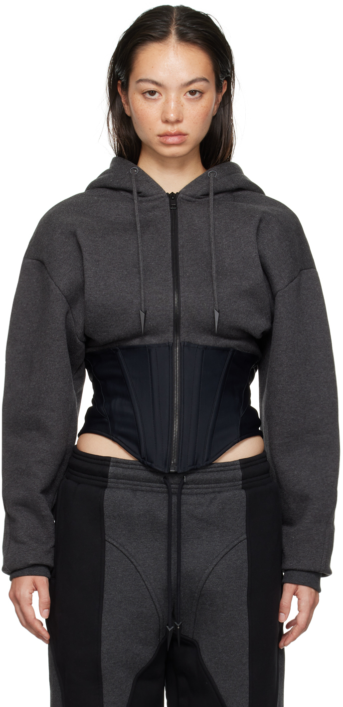 Shop Mugler Gray Corseted Hoodie In B9298 Charcoal/black