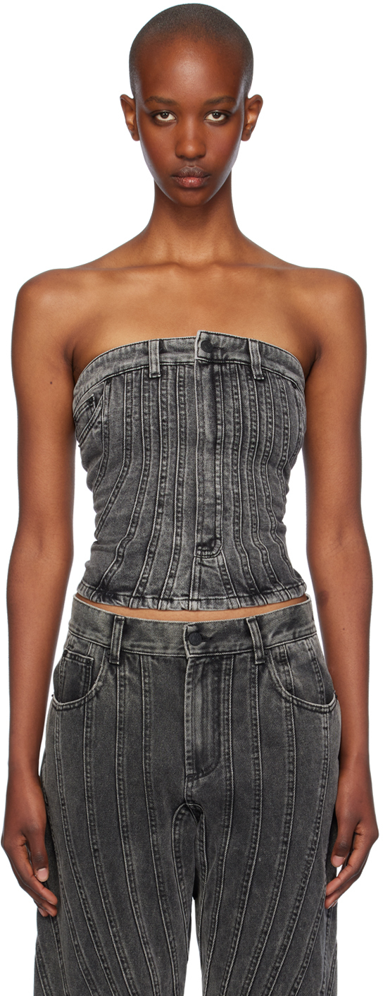 Shop Mugler Gray Spiral Denim Bustier In Wa99 Washed Black