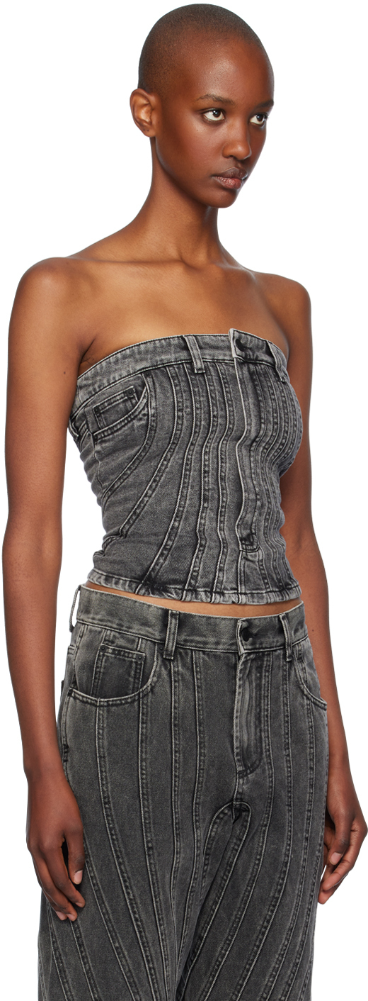 MUGLER GRAY SPIRAL DENIM BUSTIER 