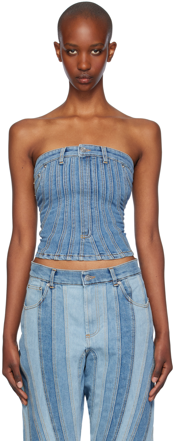 Shop Mugler Blue Spiral Denim Bustier In 6088 Tokyo Dark Blue