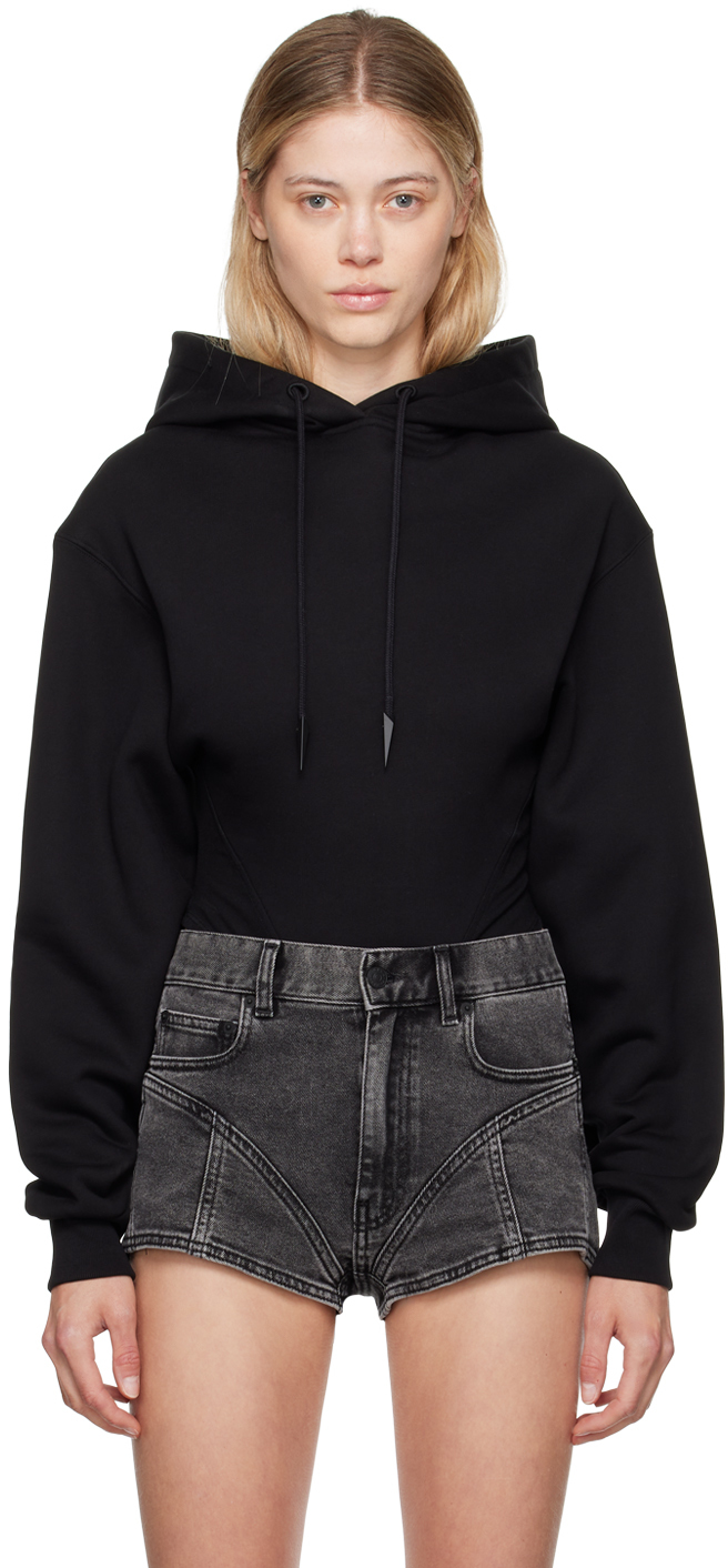 Shop Mugler Black Hoodie Bodysuit In 1999 Black