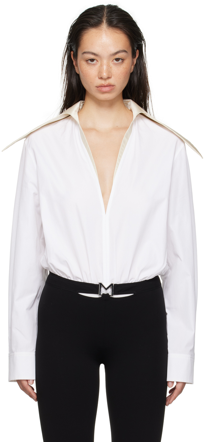 Shop Mugler White Spiky Satin Collar Bodysuit In B1043 Off White/shel