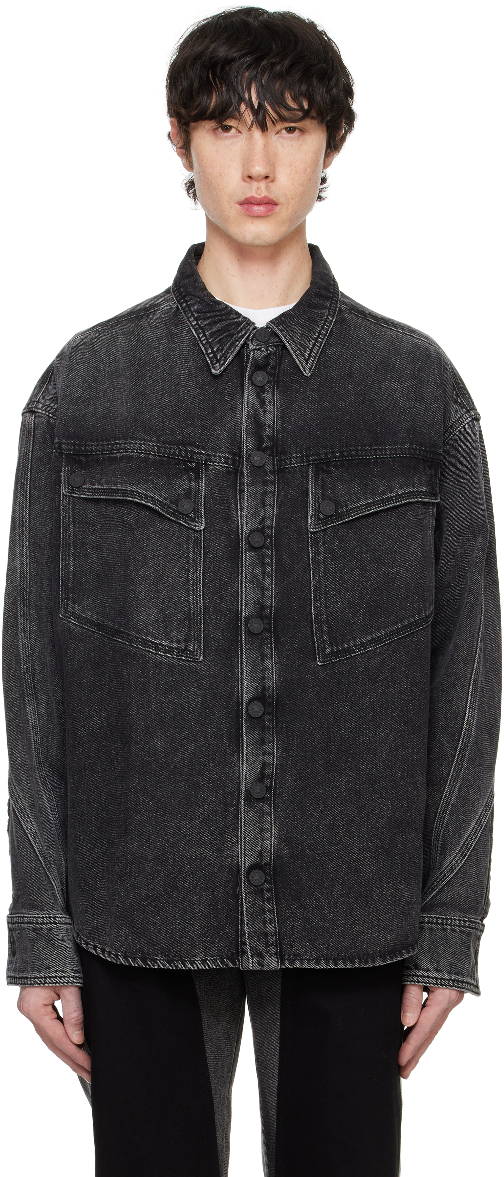 Shop Mugler Black Washed Denim Overshirt In Wa99