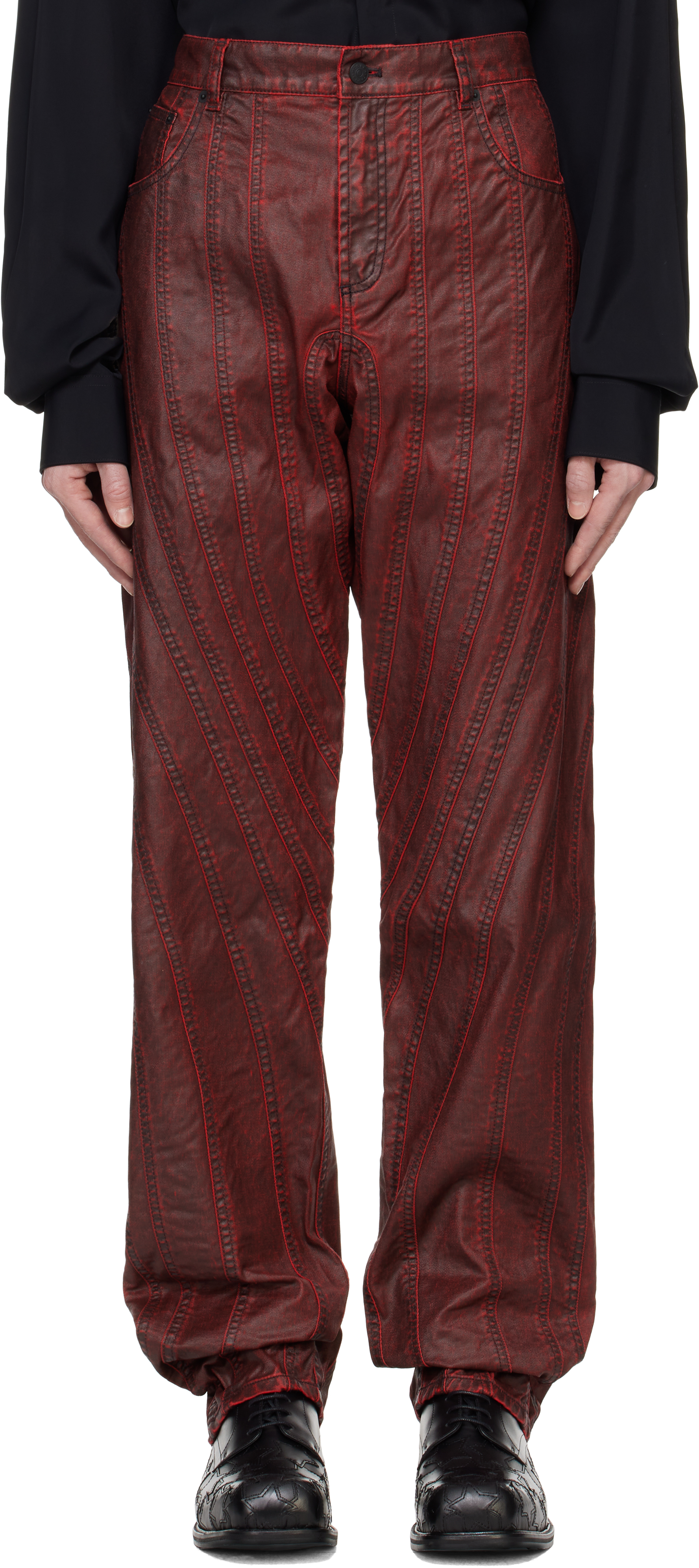 Burgundy Waxed Spiral Baggy Jeans