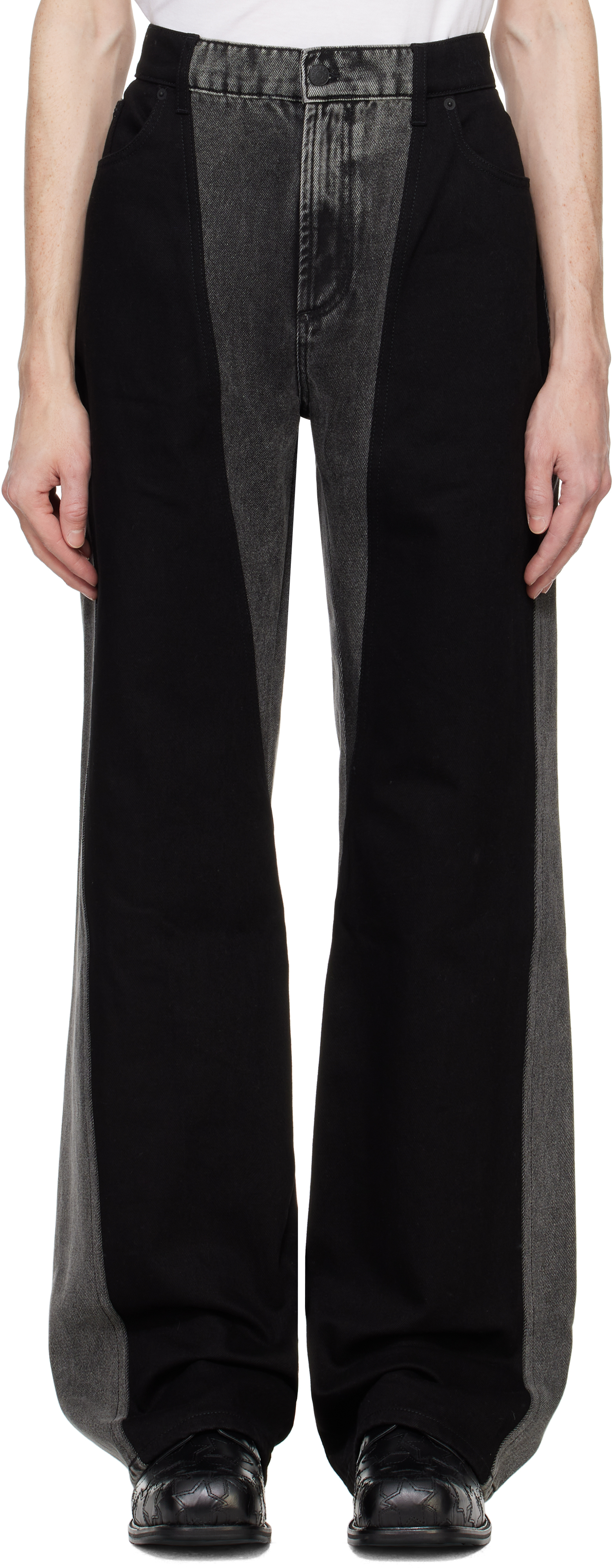 Black Bi-Material Straight Leg Jeans