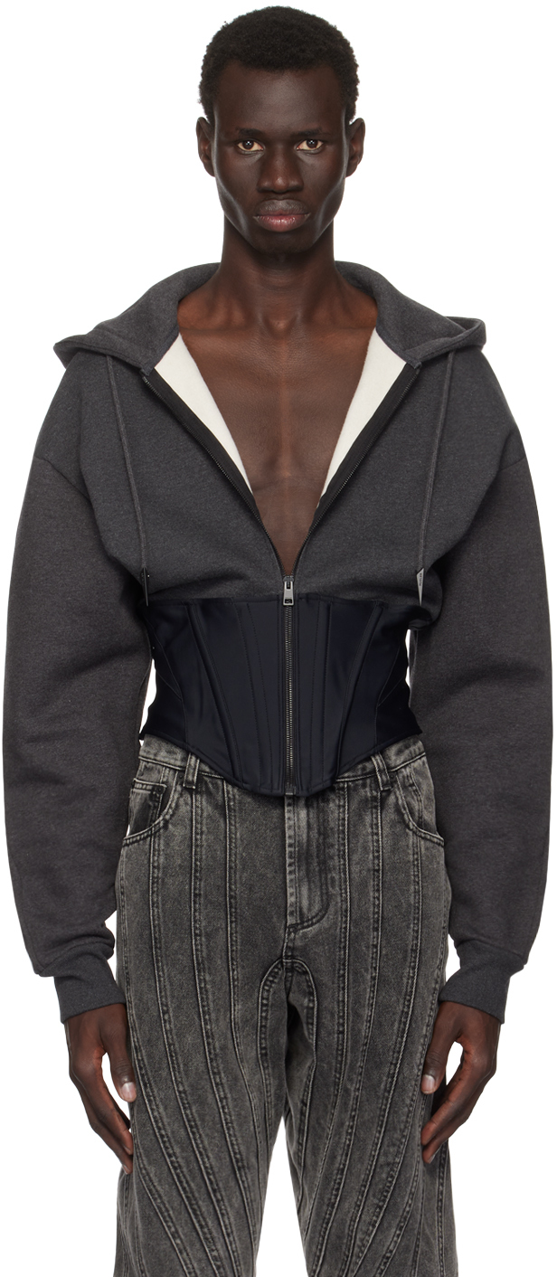 MUGLER GRAY & BLACK CORSETED HOODIE 