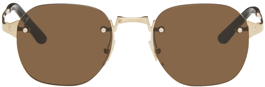 Gold Santos De Cartier Round Metal Sunglasses