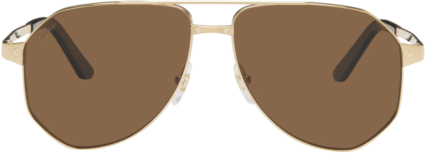 Shop Cartier Gold Santos De  Pilot Metal Sunglasses In 004 Gold