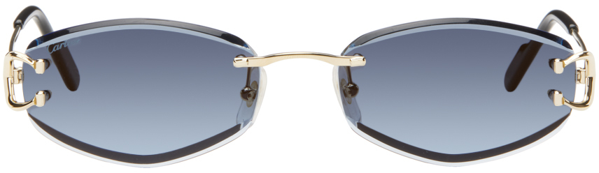 Shop Cartier Gold & Blue 'signature C De ' Ct0467s Sunglasses In Gold-gold-blue