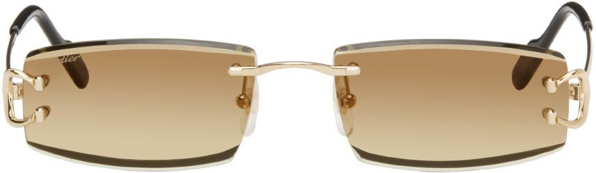 Cartier Gold Rectangular Sunglasses In Gold-gold-brown