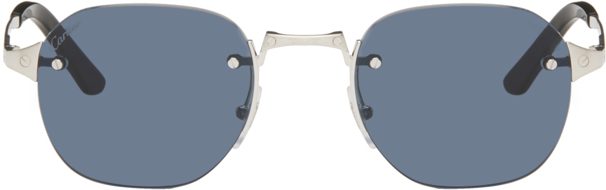 Cartier Silver Square Sunglasses In Blue