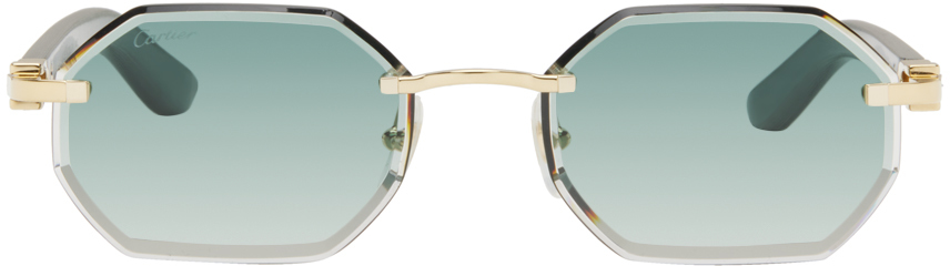 Shop Cartier Gold Elongated Décor C Sunglasses In Gold-green-green