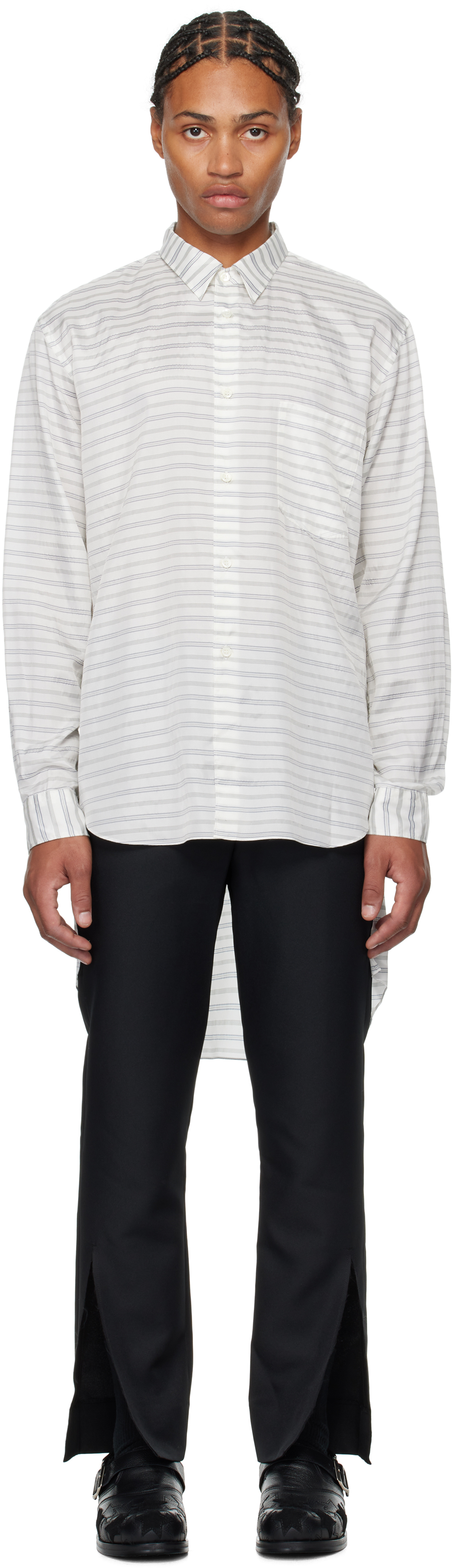 Comme Des Garçons Homme Deux White Horizontal Stripe Shirt In Natural/grey/blue