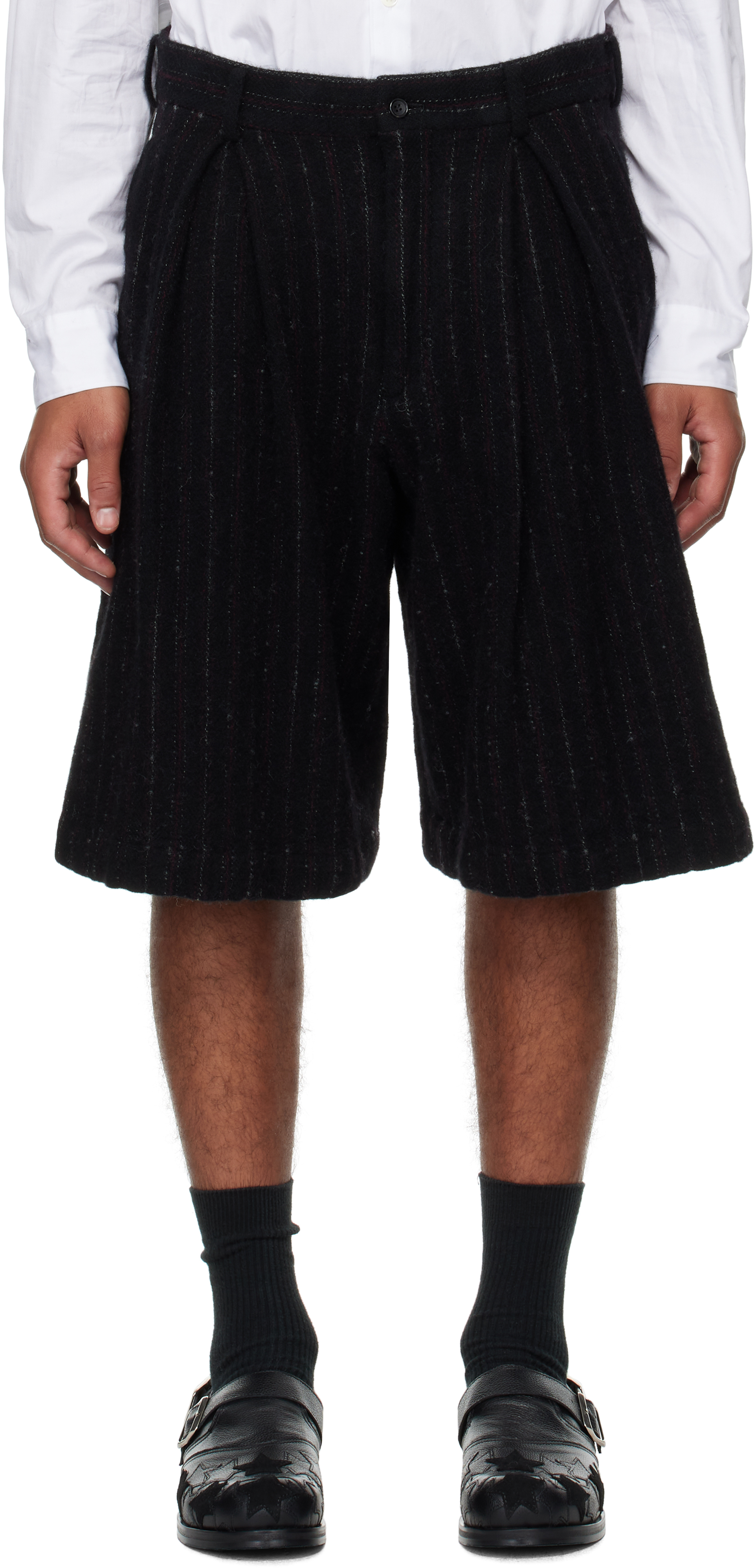 Black Wool Stripe Shorts