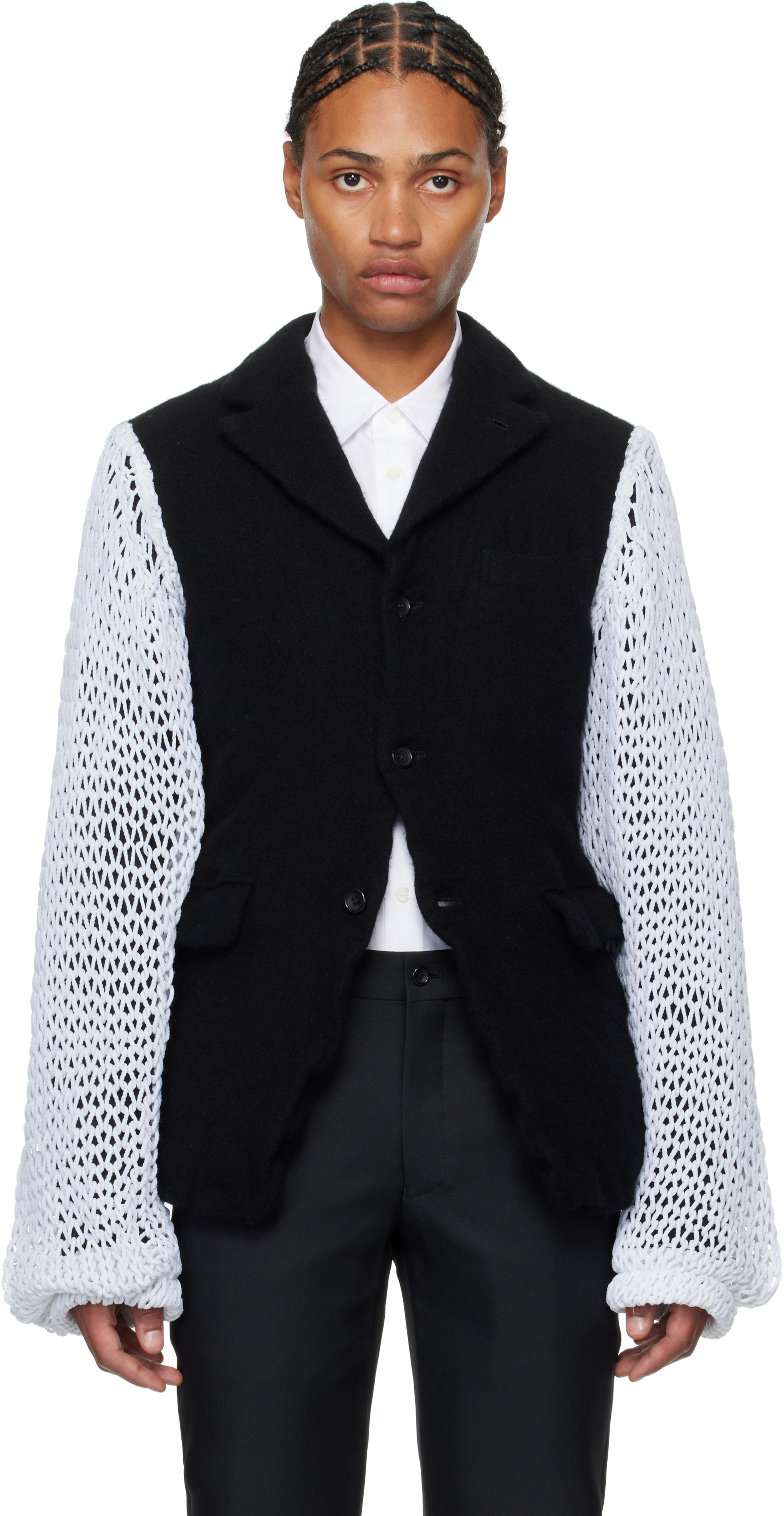 Comme Des Garçons Homme Deux Black & White Knit Sleeve Blazer In Black X White