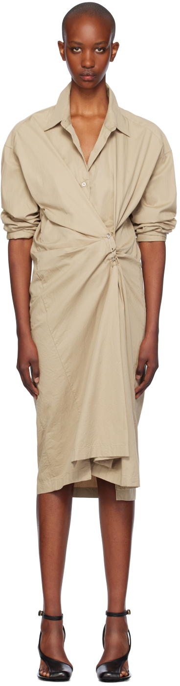 Shop Dries Van Noten Beige Draped Cotton Midi Dress In 101 Sand