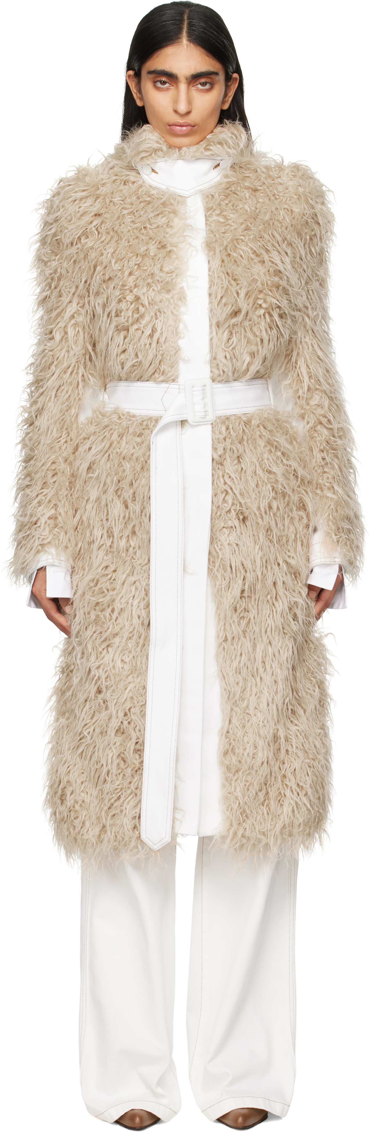 Beige Paneled Faux-Fur Coat