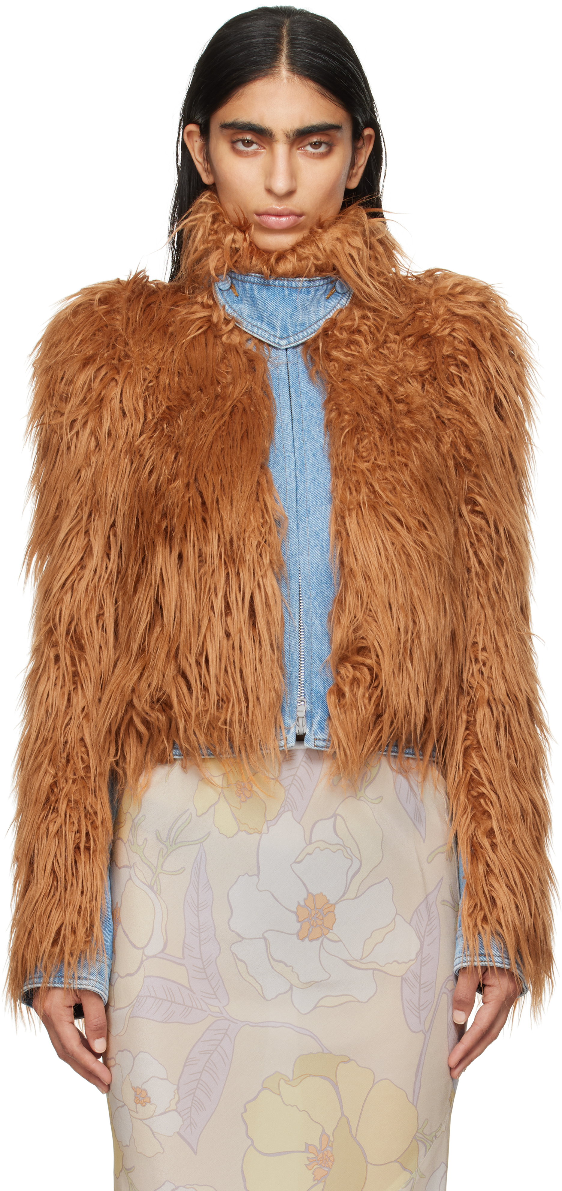 Shop Dries Van Noten Tan Paneled Faux-fur Jacket In 701 Rust