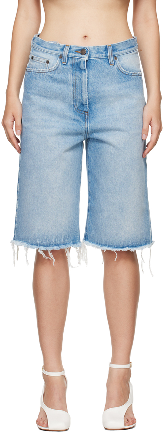 Shop Dries Van Noten Blue Frayed Edge Denim Shorts In 514 Light Blue