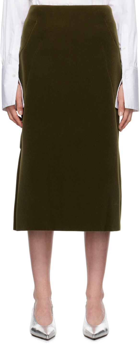 Shop Dries Van Noten Khaki Velvet Tailored Midi Skirt In 606 Khaki