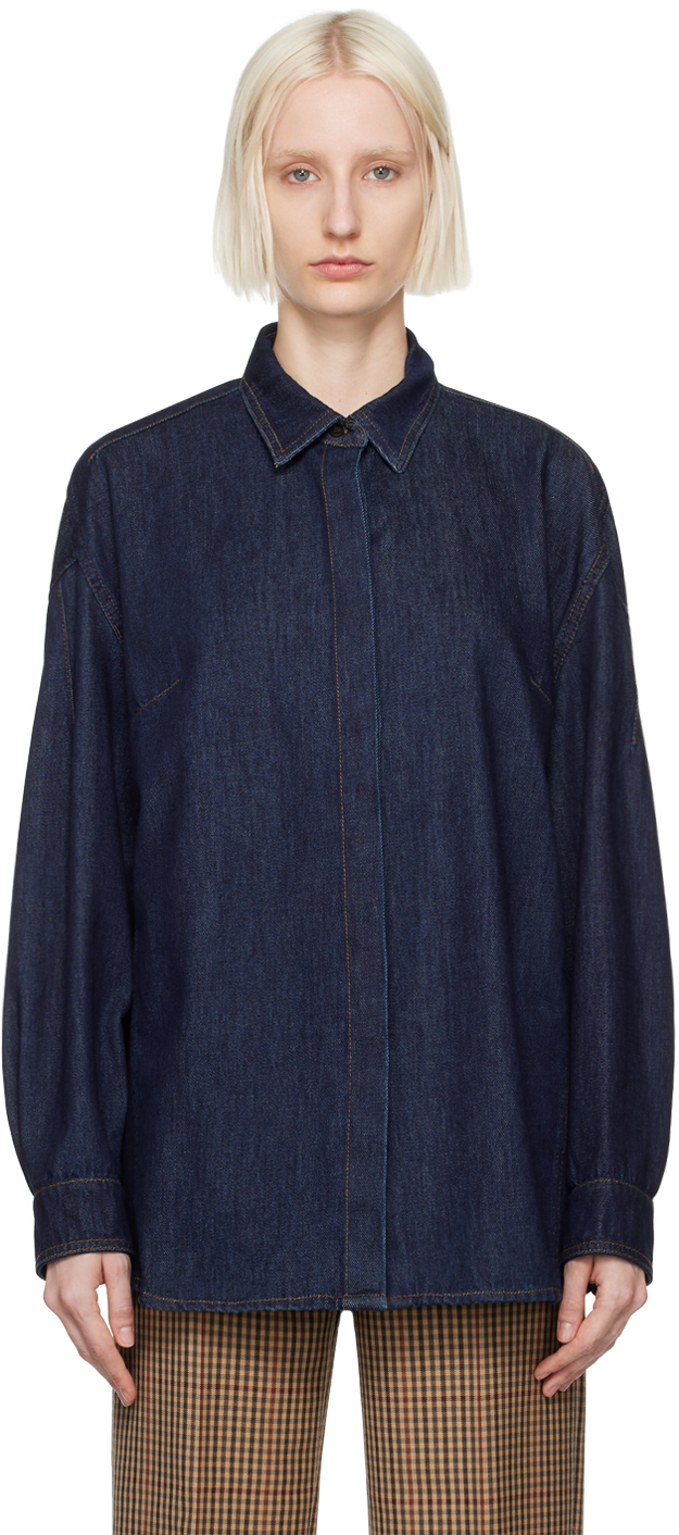 Shop Dries Van Noten Navy Darted Denim Shirt In 507 Indigo