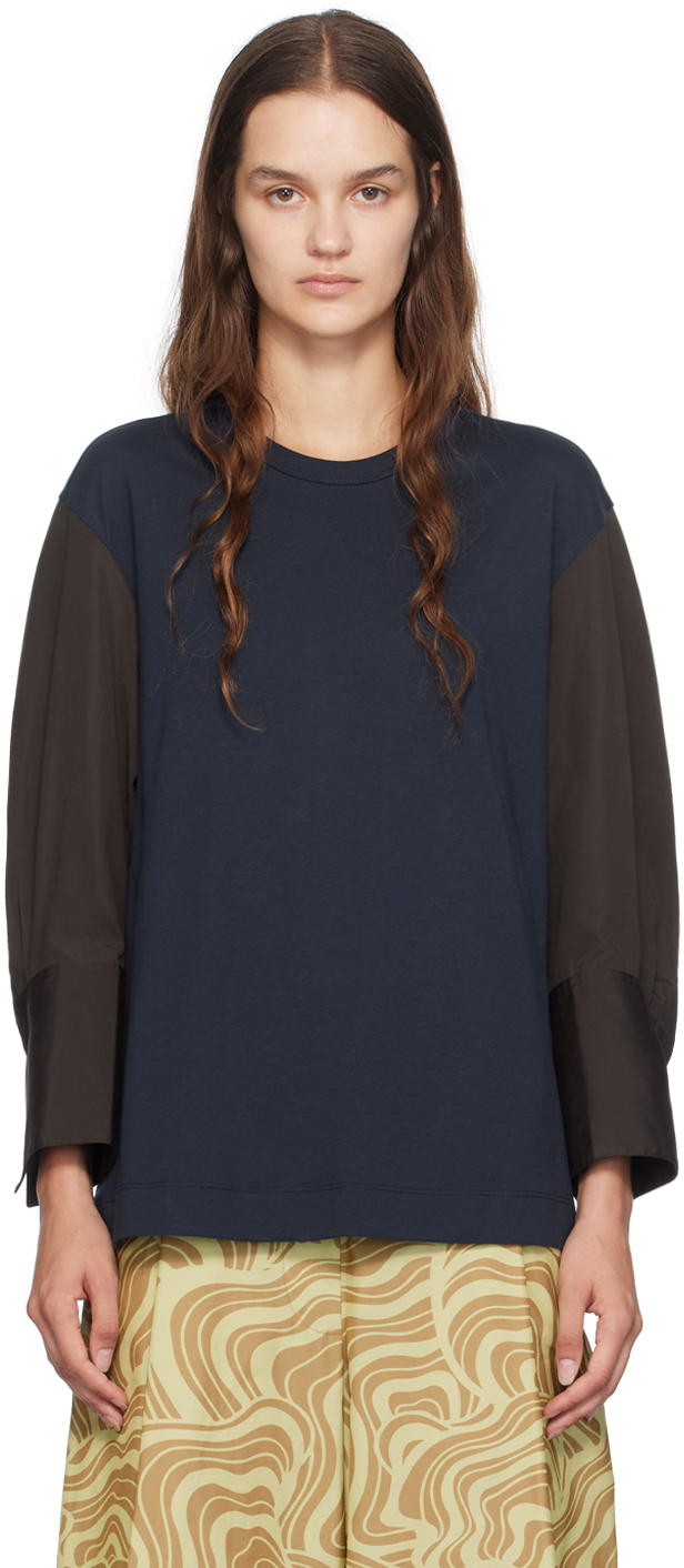 Shop Dries Van Noten Navy Contrast Sleeves Long Sleeve T-shirt In 509 Navy