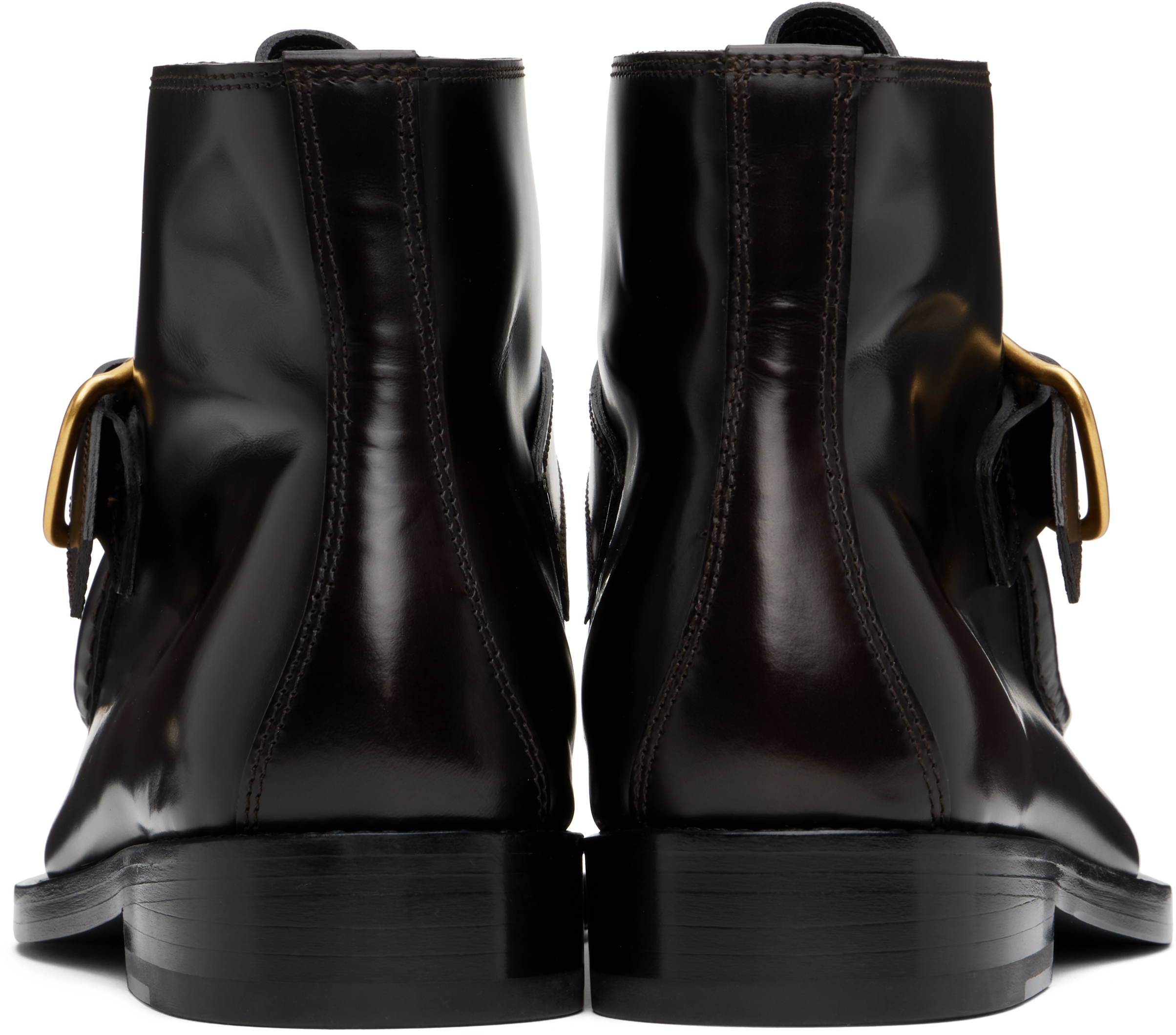 DRIES VAN NOTEN BROWN BROGUE BUCKLE LEATHER BOOTS