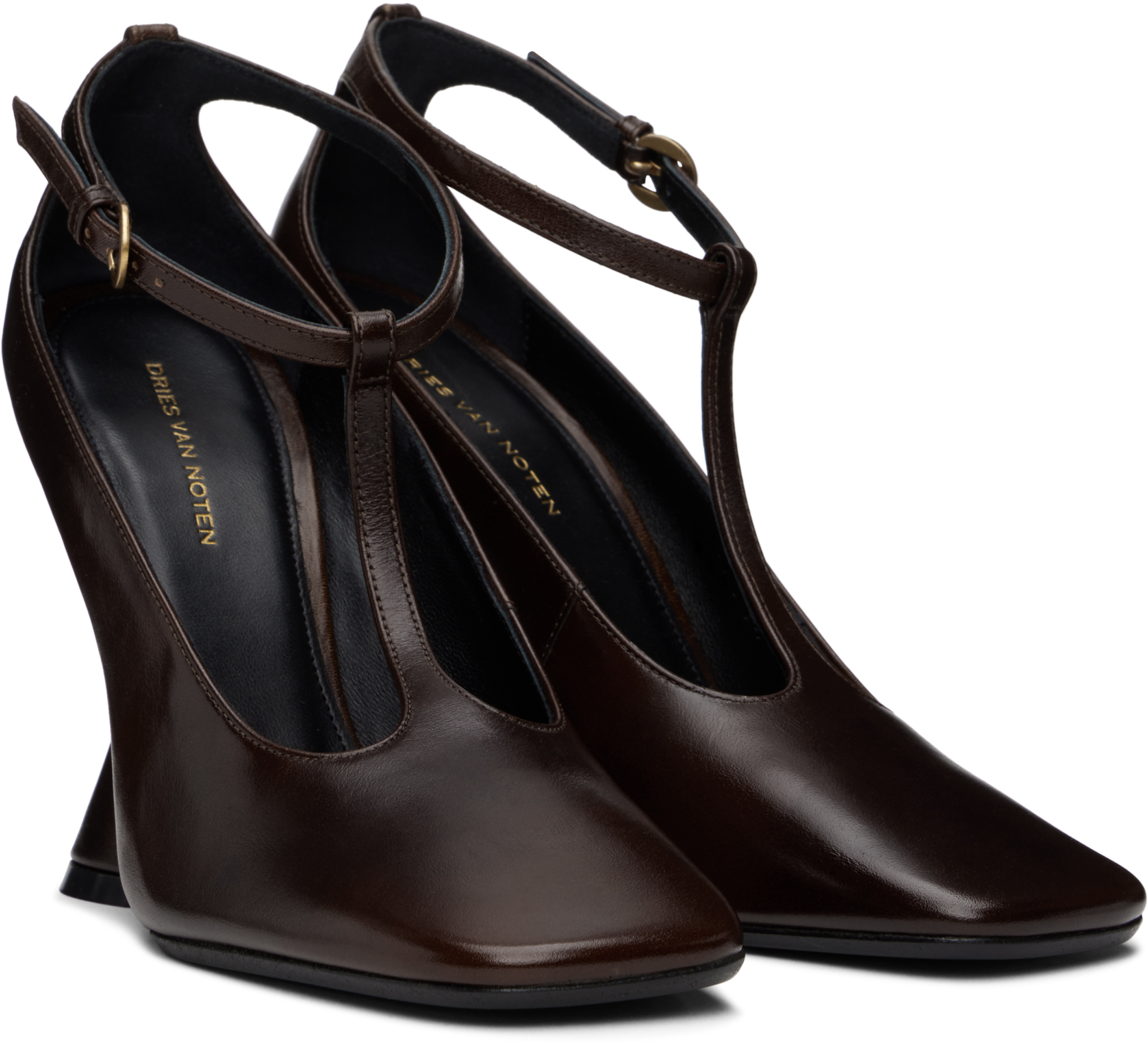 Dries Van Noten Tan Leather Wedge Mary Jane Heels In 712 Tan