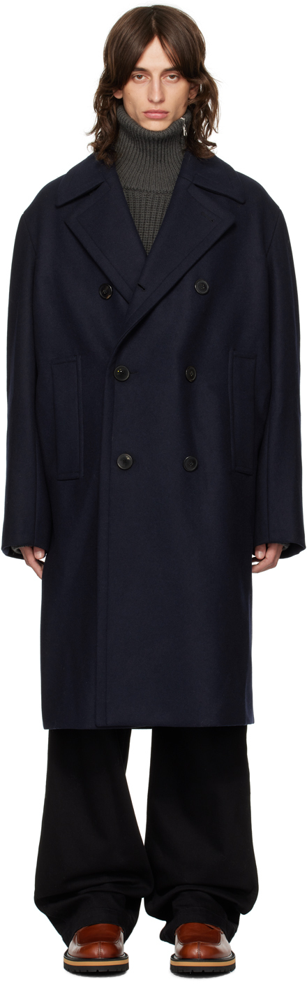 Shop Dries Van Noten Navy Double-breasted Coat In 509 Navy