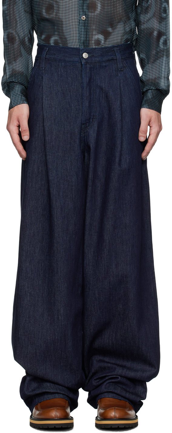 Dries Van Noten: Navy Pleated Jeans | SSENSE