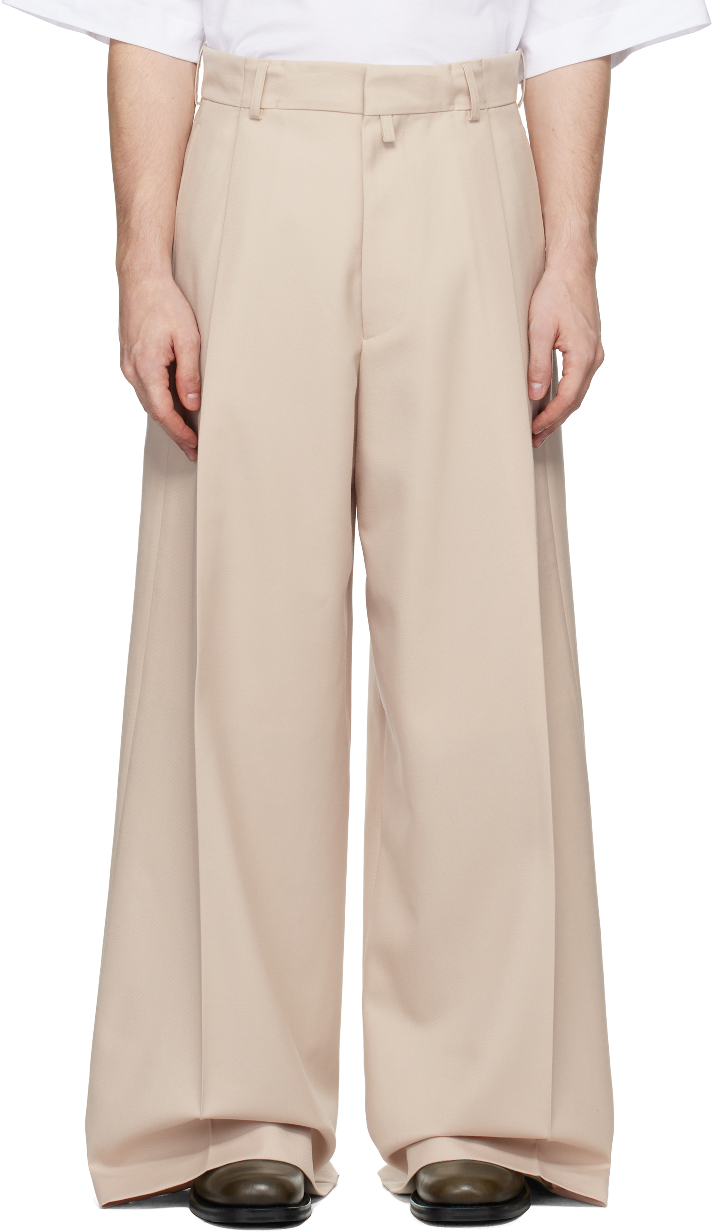 Beige Wide Pleated Trousers