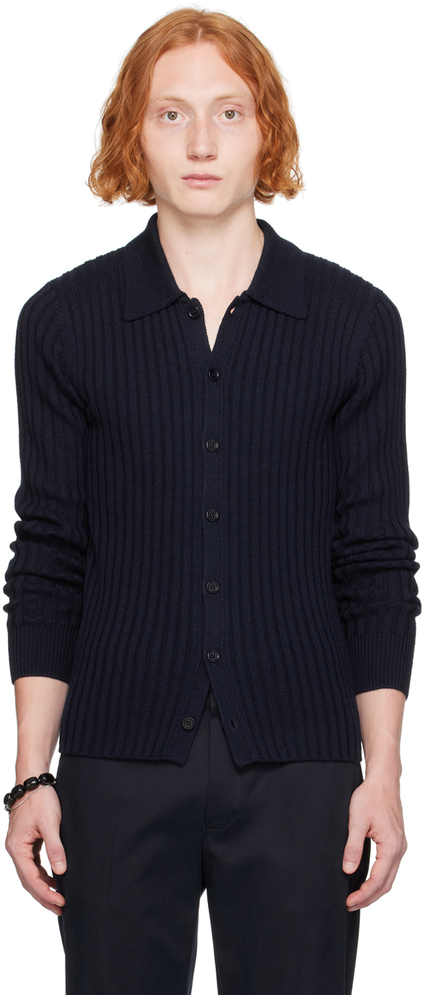 DRIES VAN NOTEN NAVY SPREAD COLLAR CARDIGAN 