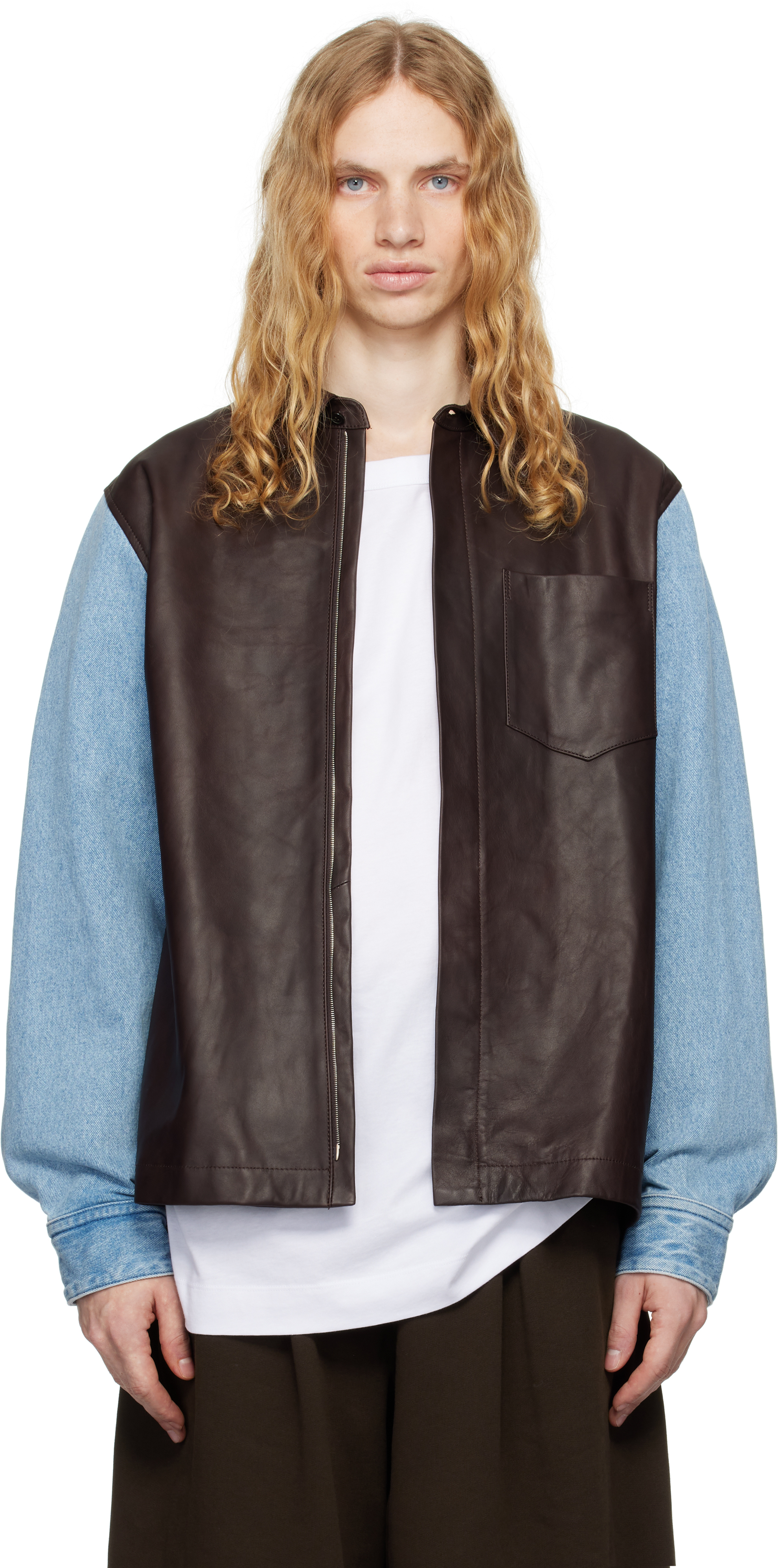 Brown & Blue Leather & Denim Jacket