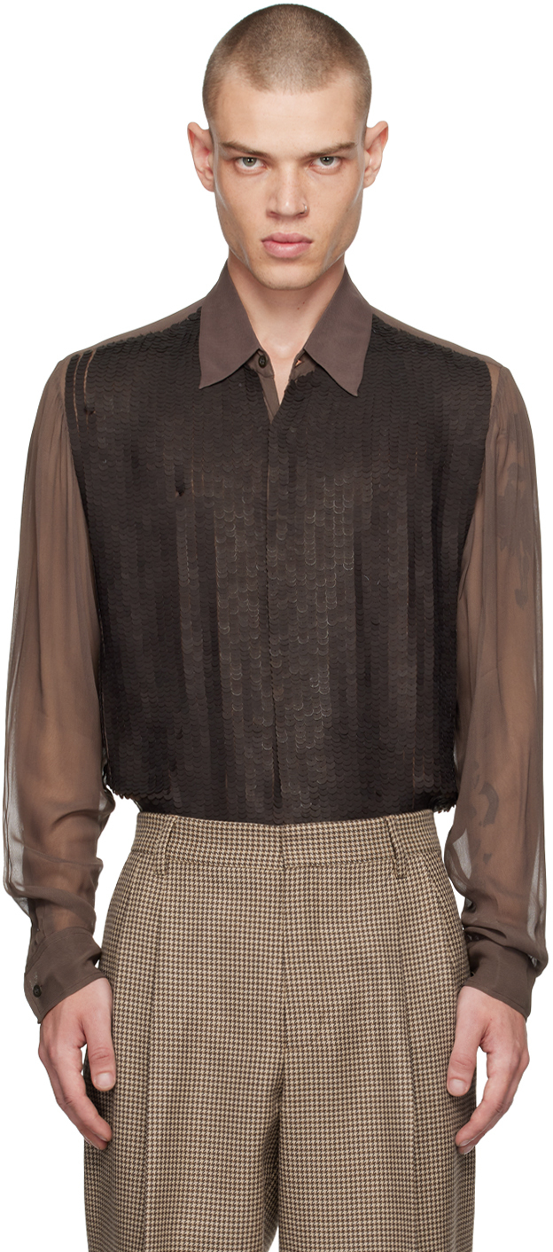 Shop Dries Van Noten Brown Sequinned Shirt In 704 Dark Brown