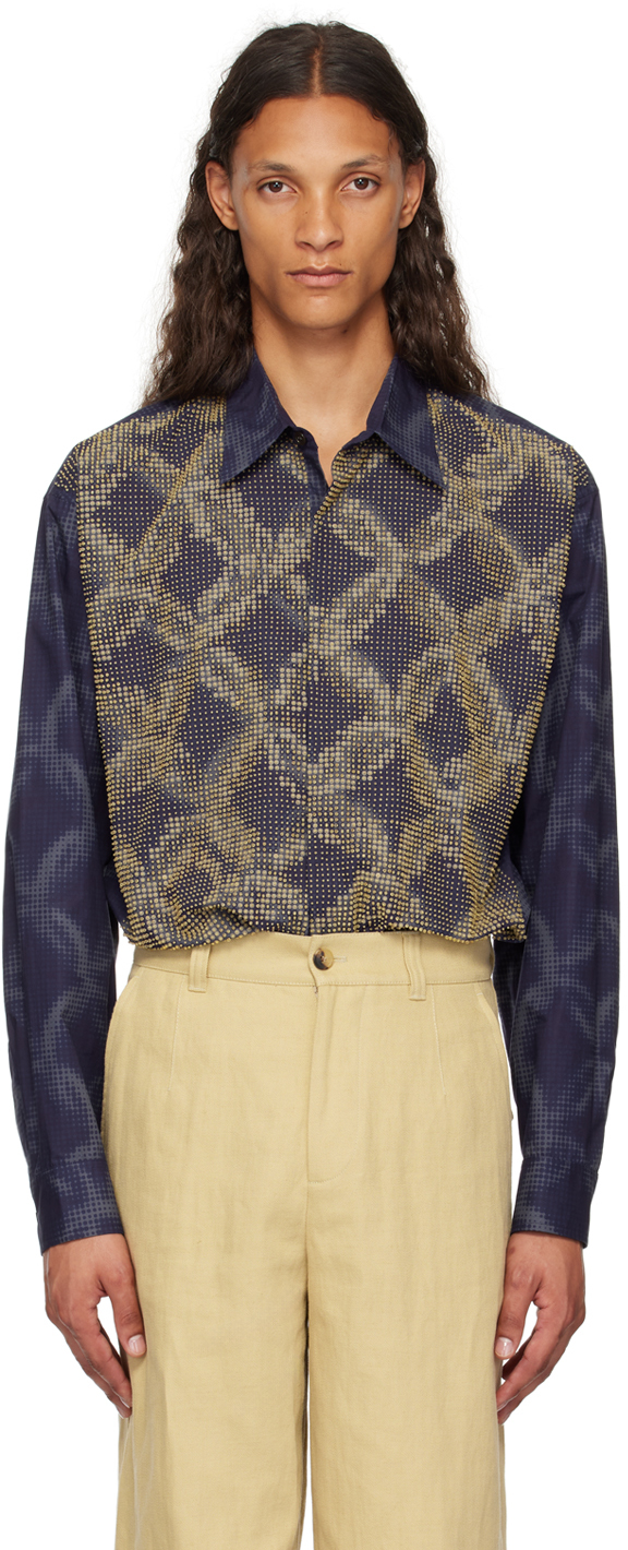 Dries Van Noten Navy Beaded Shirt In 504 Blue