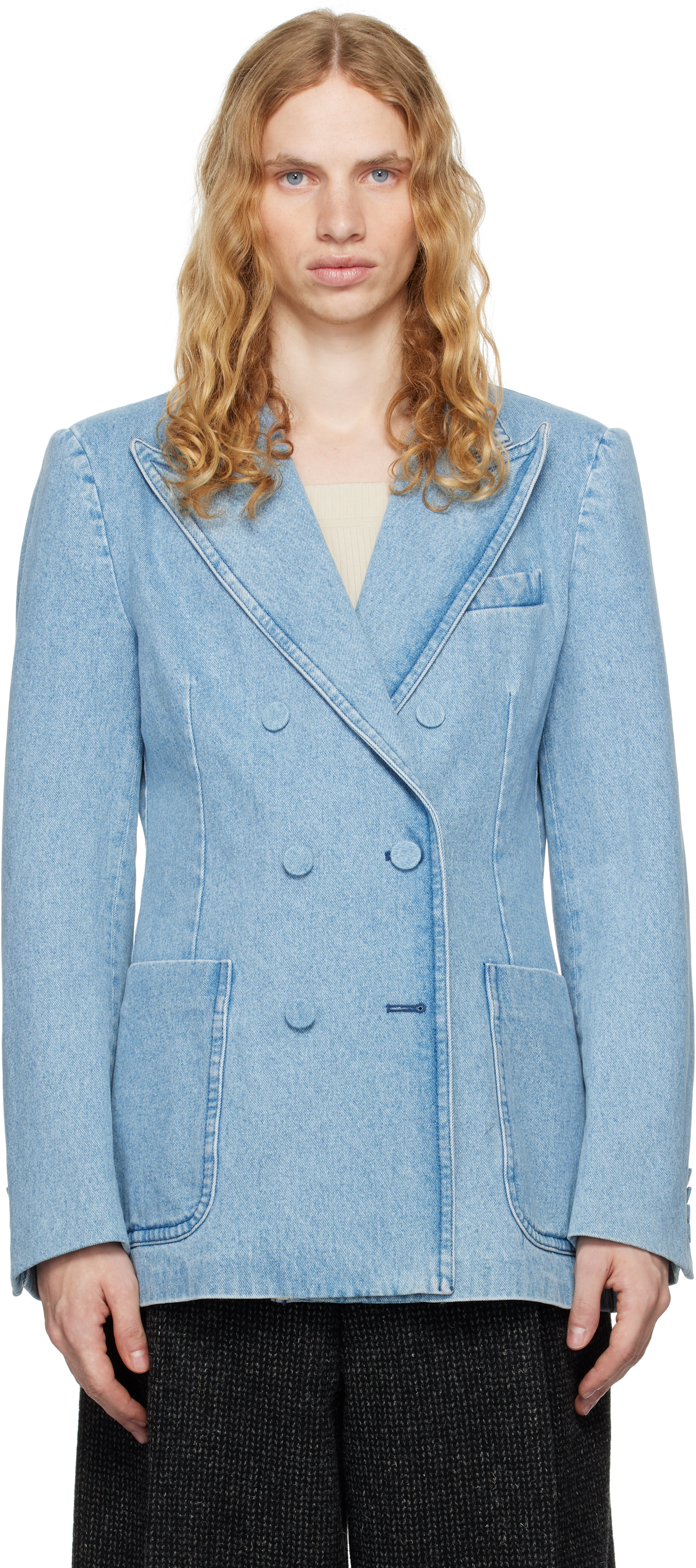 Shop Dries Van Noten Blue Tight-fit Denim Blazer In 514 Light Blue