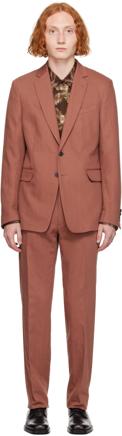 Shop Dries Van Noten Red Cotton & Linen Suit In 360 Brique